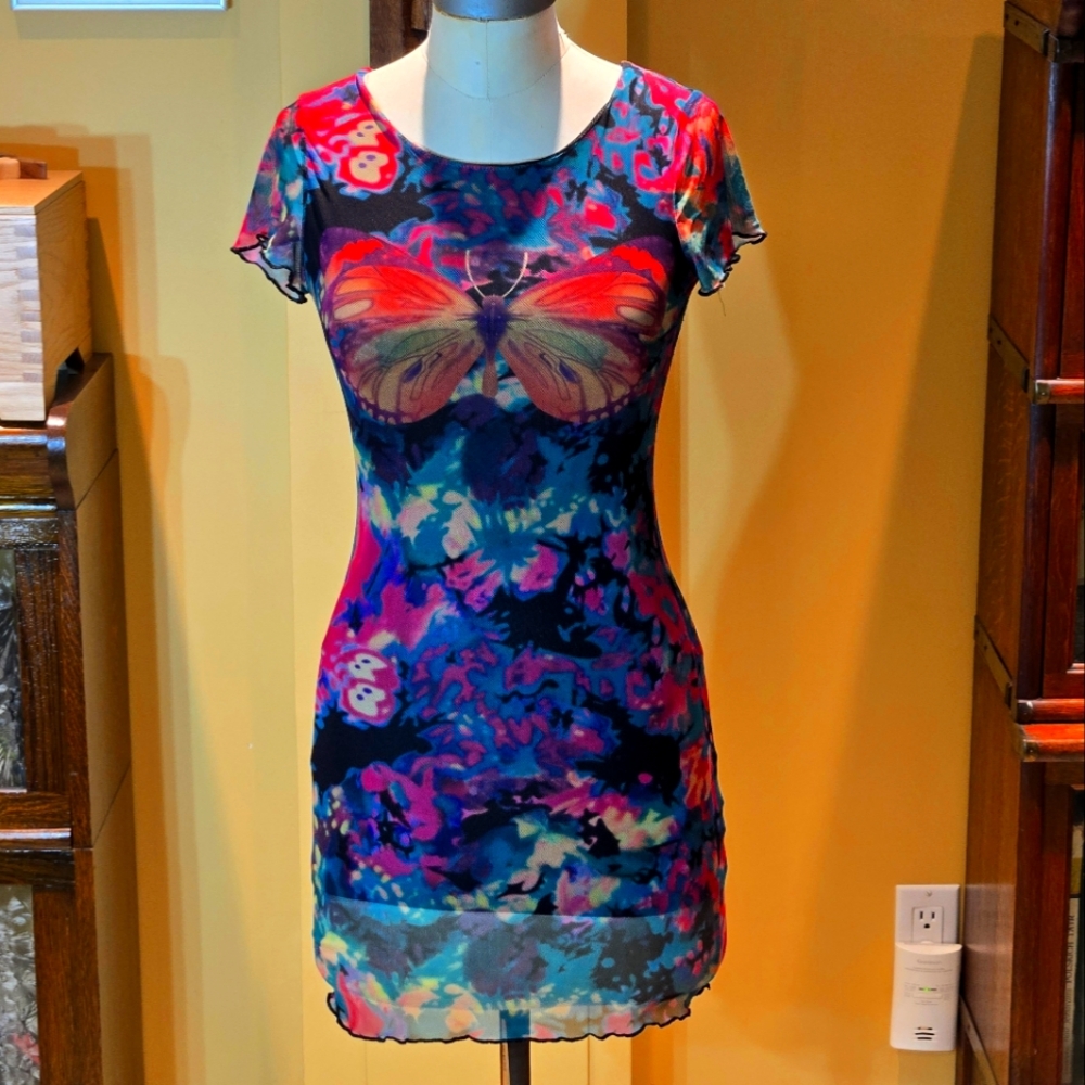 Colorful Neon's Butterfly Print Mesh Lined Dress| Size Medium